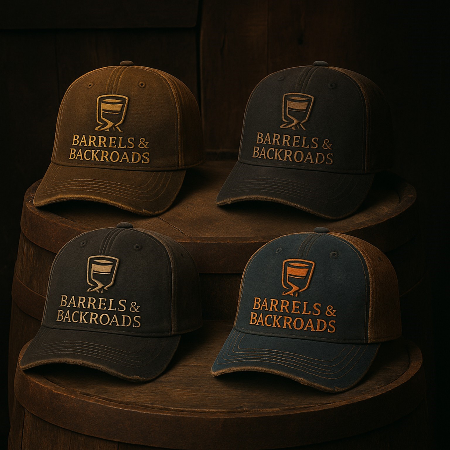 Four Barrels & Backroads hats in different color variations on a barrel